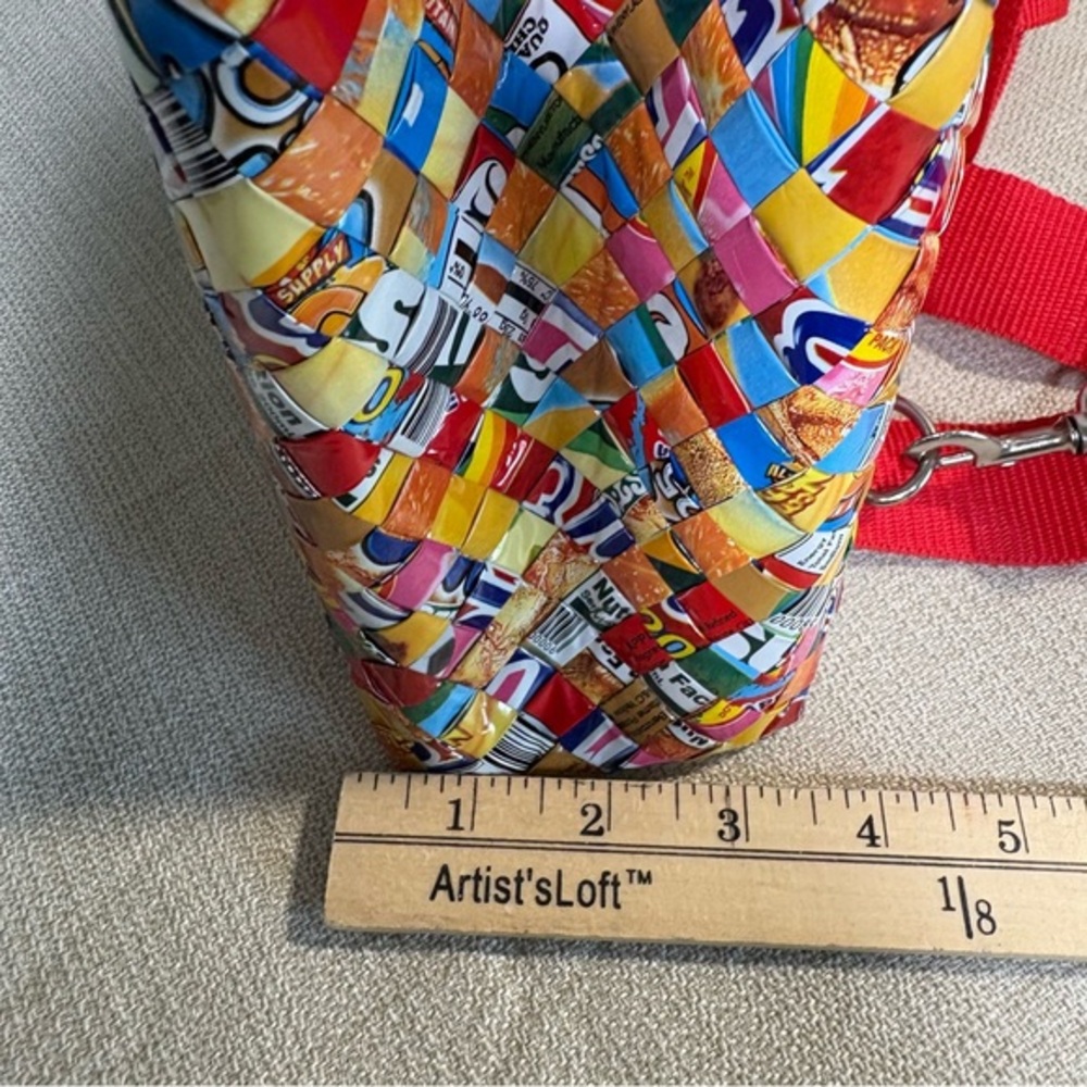 Colorful Handmade Upcycled Woven Backpack with Red‎ Straps - Picture 8 of 10